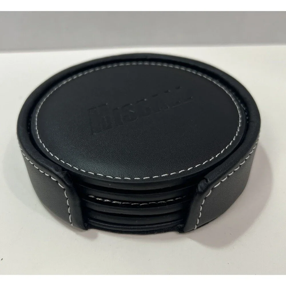 Bonded Black Leather 4 Coaster Set With Holder Embossed HisCall White Stitching